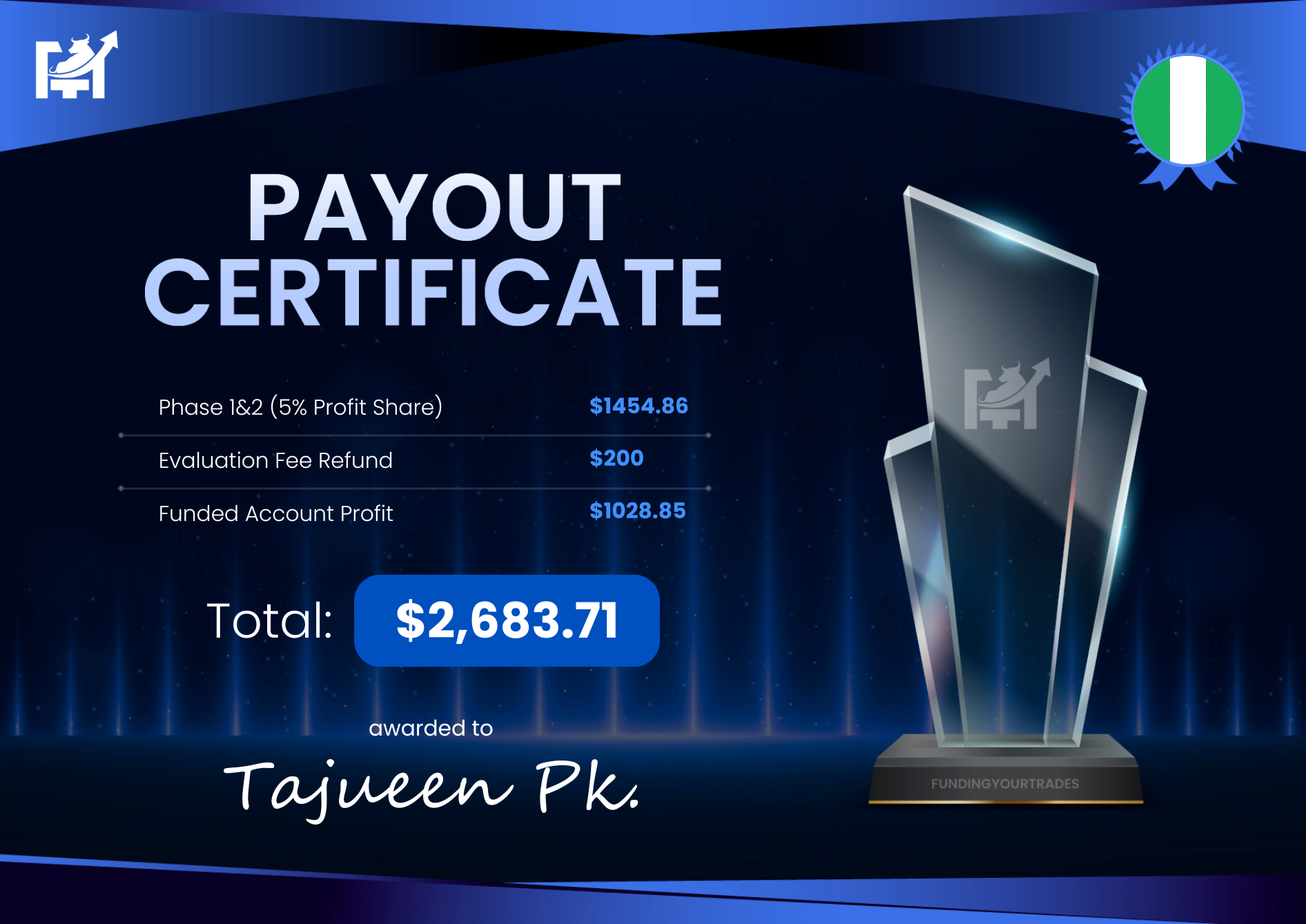 Payout Certificate – Tajueen Pk.