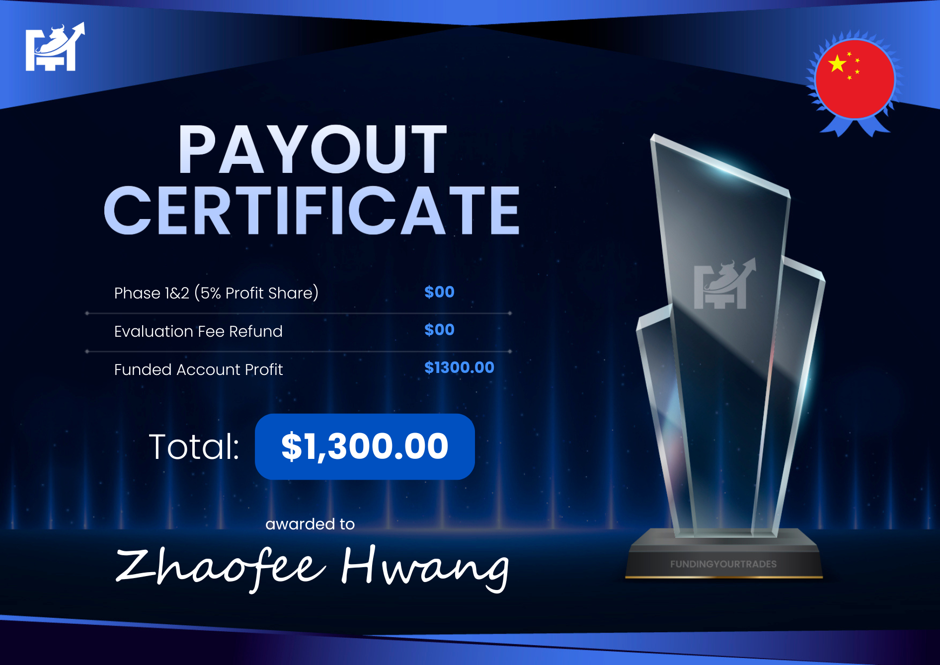 Payout Certificate – Zhaofee Hwang